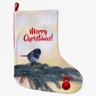 A Winter Bird and a Christmas Ornament on a Large Christmas Stocking