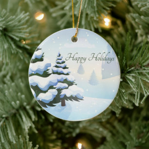 A winter day with a Christmas tree covered in snow Ceramic Tree Decoration