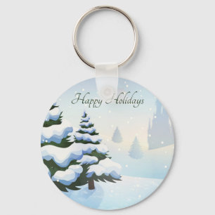 A winter day with a Christmas tree covered in snow Key Ring