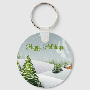 A winter day with a Christmas tree covered snow Key Ring
