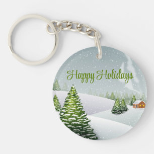 A winter day with a Christmas tree covered snow Sq Key Ring