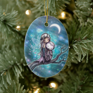 A Winter Night Fairy and Owl Fantasy Art Ceramic Tree Decoration