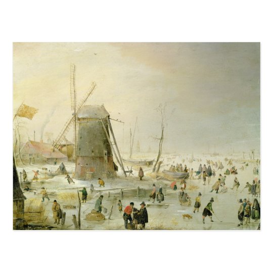 A winter scene with skaters by a windmill postcard