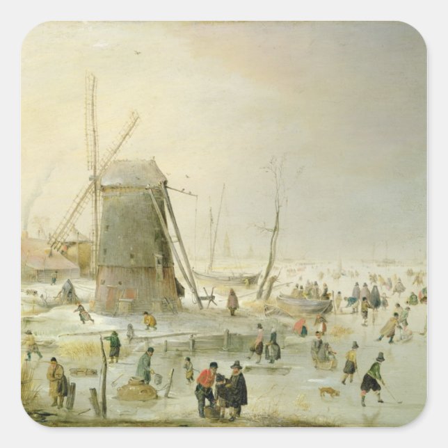 A winter scene with skaters by a windmill square sticker (Front)
