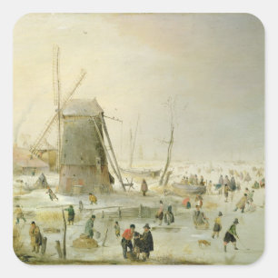 A winter scene with skaters by a windmill square sticker