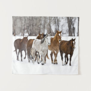 A Winter Scenic of Running Horses Tapestry
