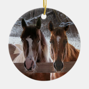 A winter themed ornament featuring two horses