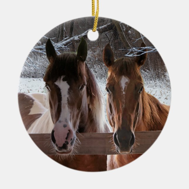 A winter themed ornament featuring two horses (Front)