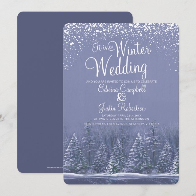 A winter wedding pine trees lake blue art invitation (Front/Back)