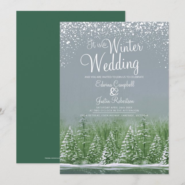 A winter wedding pine trees lake grey green art invitation (Front/Back)