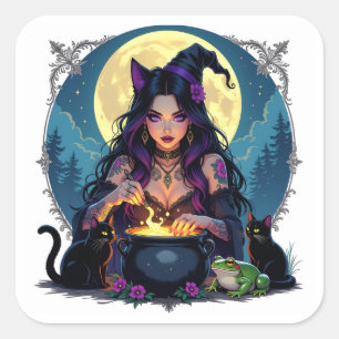 A Witch, A Black Cat and a Frog Halloween Square Sticker