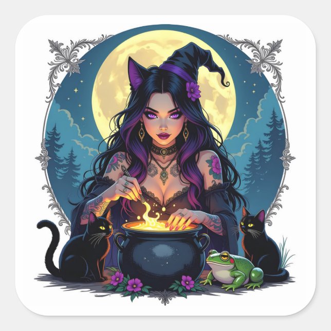 A Witch, A Black Cat and a Frog Halloween Square Sticker (Front)