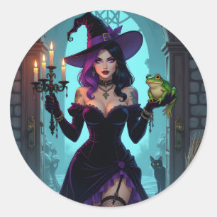 A Witch, A Candelabra nd a Frog Halloween Classic Round Sticker
