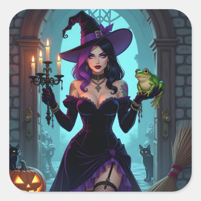 A Witch, A Candelabra nd a Frog Halloween Square Sticker (Front)