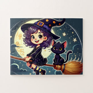 A witch and a cat on a broom puzzle