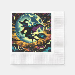 A Witch and a Full Moon Halloween Party Napkin