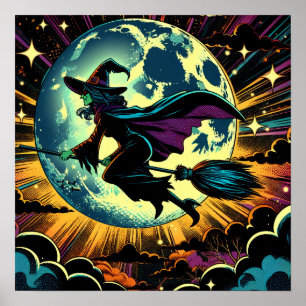 A Witch and a Full Moon Halloween Party Poster