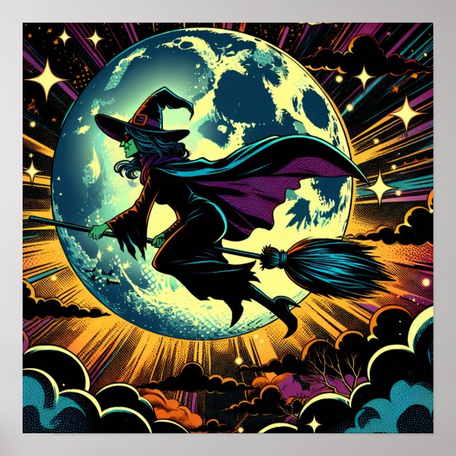 A Witch and a Full Moon Halloween Party Poster (Front)