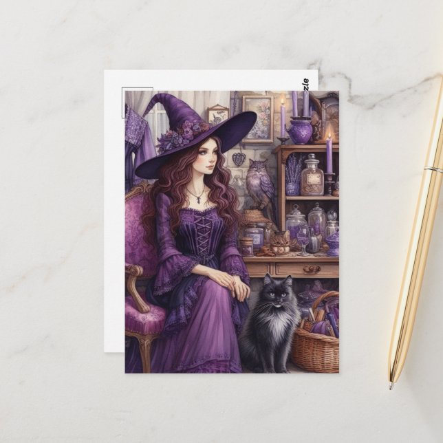 A Witch and Her Beautiful Cat Postcard (Front/Back In Situ)