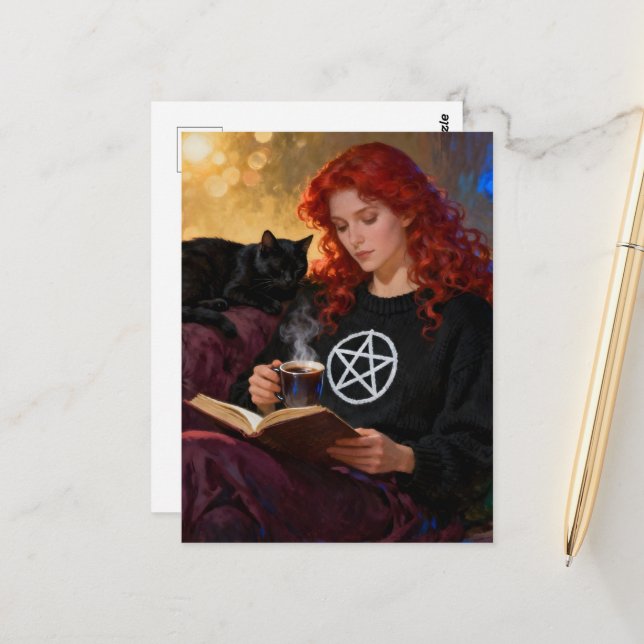 A witch and her cat enjoying tea and a book postcard (Front/Back In Situ)