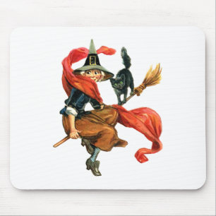 A Witch Flies on Her Broom with her Black Cat Mouse Mat