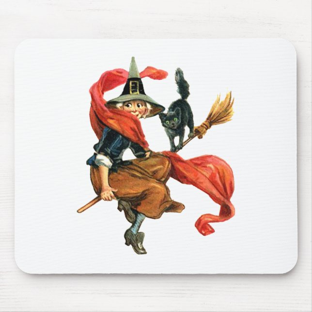 A Witch Flies on Her Broom with her Black Cat Mouse Mat (Front)