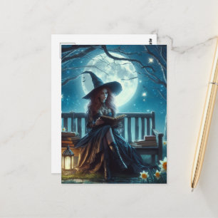A Witch Reading Near the Daffodils at Night Postcard