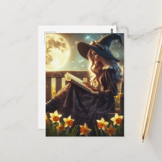 A Witch Reading Near the Daffodils Full Moon Night Postcard (Front/Back In Situ)