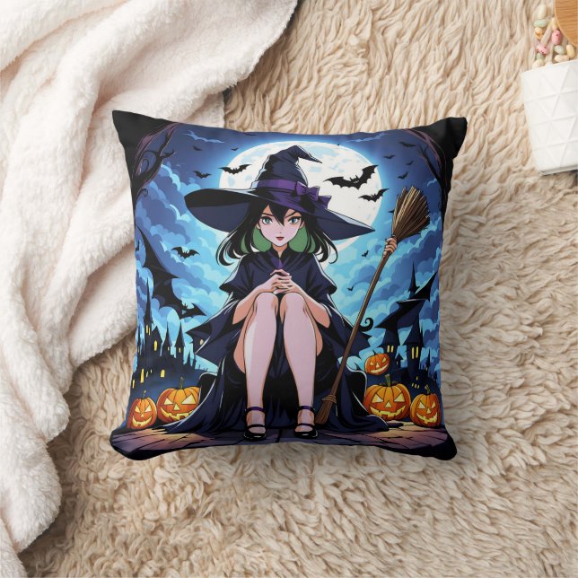 A witch sits by pumpkins under the moonlight cushion (Blanket)