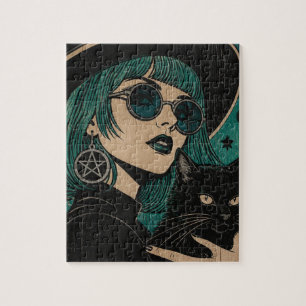 A witch with her black cat Woodblock print Jigsaw Puzzle