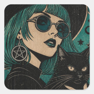 A witch with her black cat Woodblock print Square Sticker