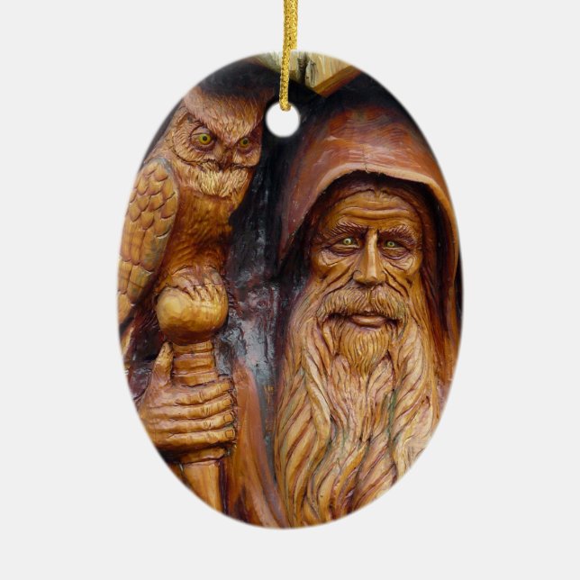 A Wizard and Owl Emerge From Cavern Ceramic Tree Decoration (Front)