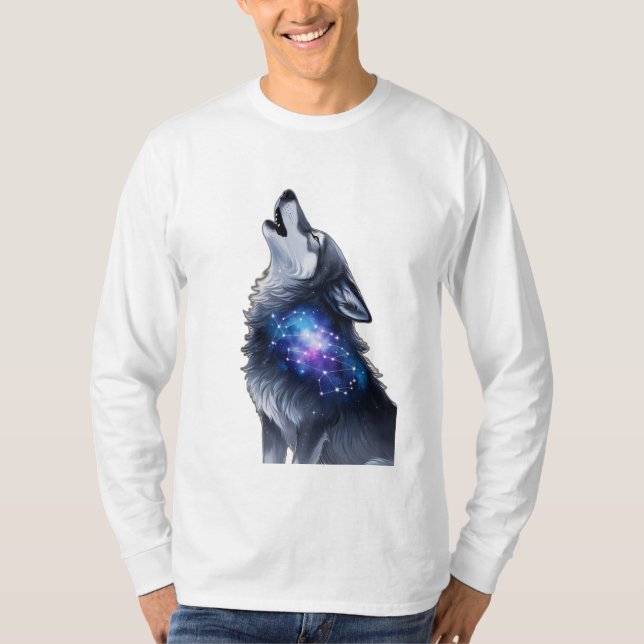 A wolf howling at a starry galaxy T-Shirt (Front)