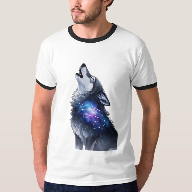 A wolf howling at a starry galaxy T-Shirt (Front)