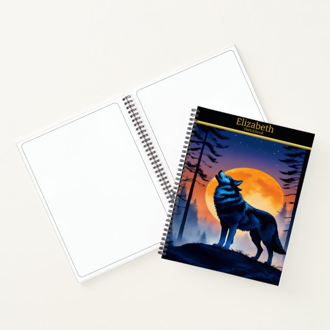 A wolf howling at the full moon in a serene forest notebook (Inside)