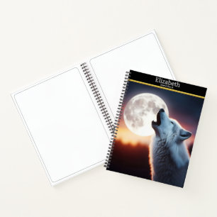 A wolf howls under the luminous moon in twilight notebook
