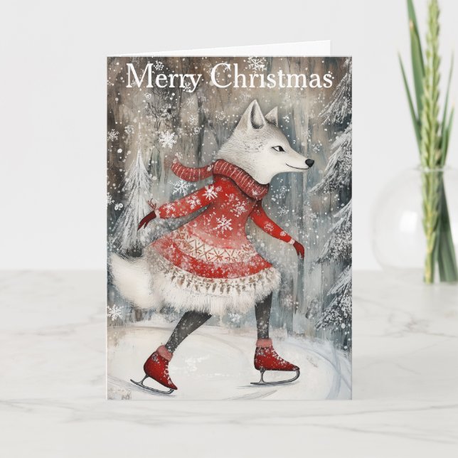 A Wolf Ice Skating Holiday Card (Front)