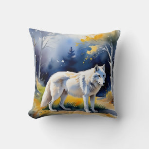 A wolf in a forest watercolor painting cushion