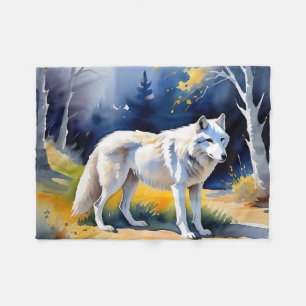 A wolf in a forest watercolor painting fleece blanket