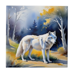 A wolf in a forest watercolor painting tile