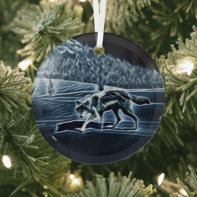 A Wolf On Snow Glass Tree Decoration (Insitu)