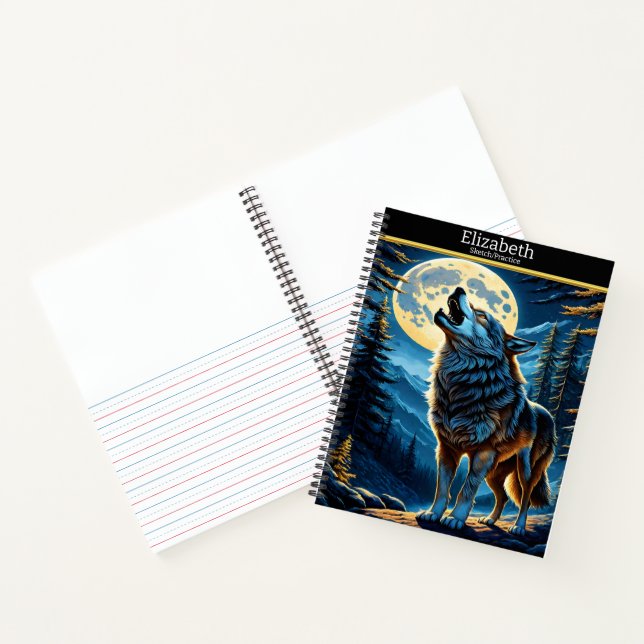 A wolf serenades the moon under a starlit sky notebook (Inside)
