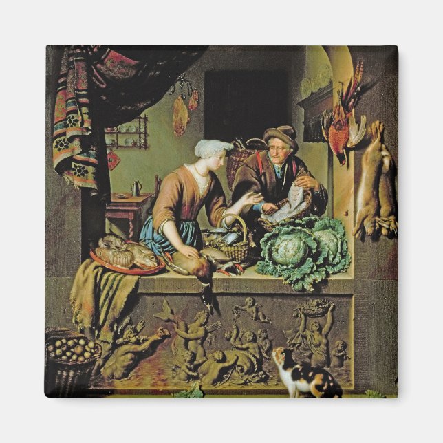 A Woman and a Fish Peddler, 1713 (oil on panel) Magnet (Front)