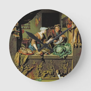 A Woman and a Fish Peddler, 1713 (oil on panel) Round Clock