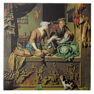 A Woman and a Fish Peddler, 1713 (oil on panel) Tile