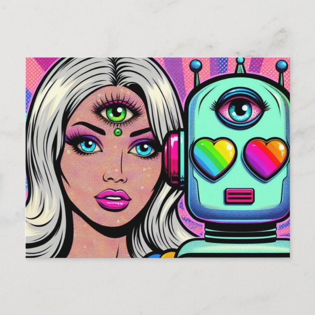 A woman and a robot with a Third Eye Postcard (Front)