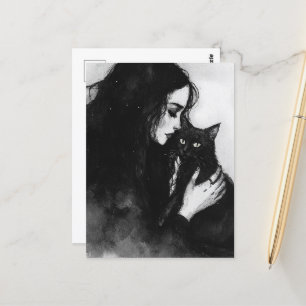 A Woman and Her Black Cat Postcard