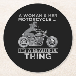 A Woman And Her Motorcycle Art Gift For Bikers Round Paper Coaster