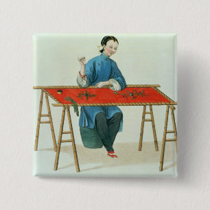 A Woman Embroidering, plate 41 from 'The Costume o 15 Cm Square Badge