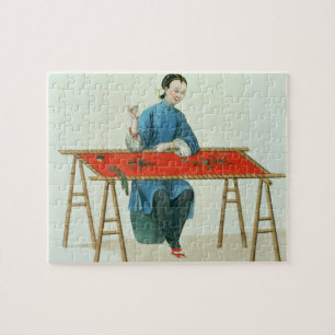 A Woman Embroidering, plate 41 from 'The Costume o Jigsaw Puzzle